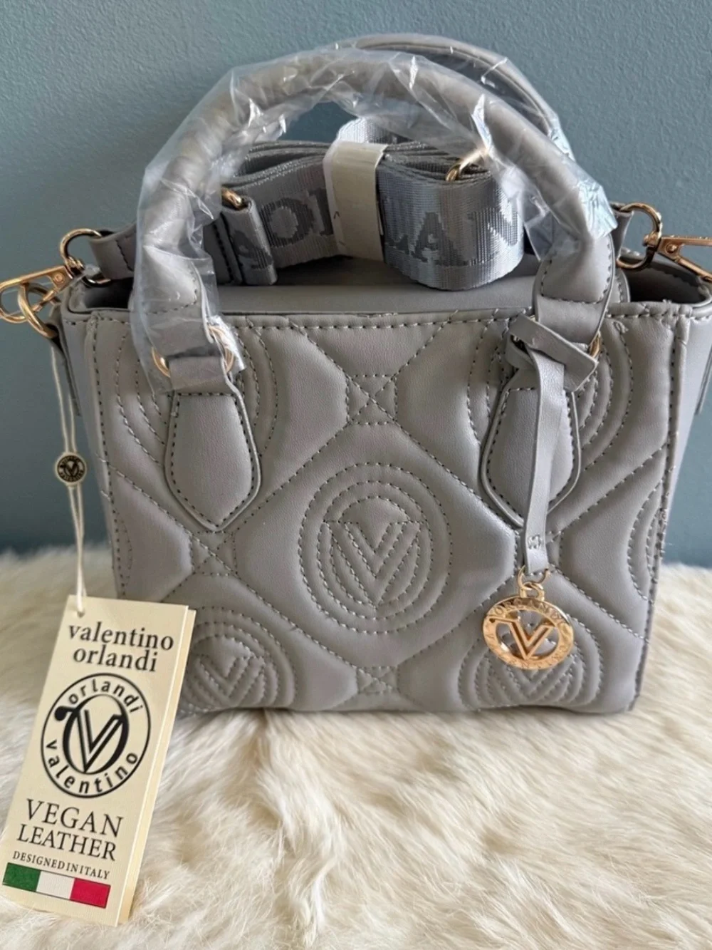 Valentino Orlandi Medium Quilted Light Grey Convertible Crossbody Tote Bag
